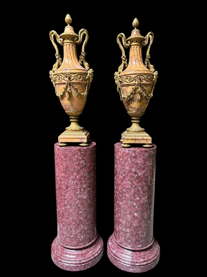 Pair of large castle vases in marble and gilt bronze 19thC. ( 80 cm ) Vases of very high quality with a height of 80 cm! In good condition with some flaws ( 1 lid needs restoration and 1 piece of bronze is missing ). Dimensions : Height : 80 cm Width : 29