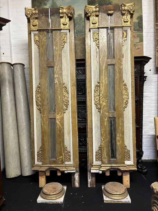 Pair of large columns / panelling with Corinthian capitals in wood 18thC. Highly decorative antique elements representing a large wooden column with capital, panel behind. Both in good condition with usual signs of use / defects