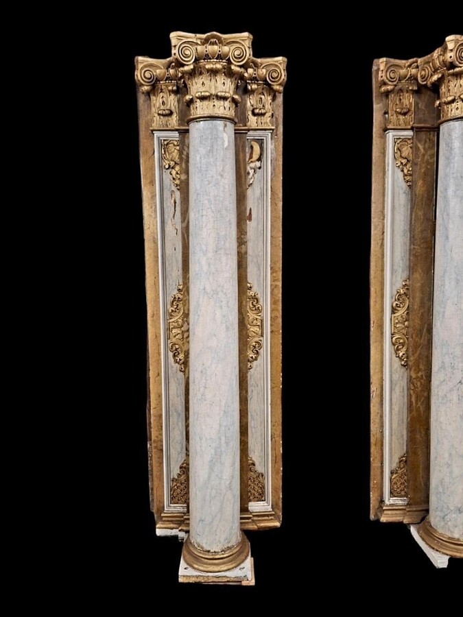 Pair of large columns / panelling with Corinthian capitals in wood 18thC. Highly decorative antique elements representing a large wooden column with capital, panel behind. Both in good condition with usual signs of use / defects