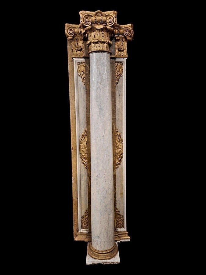 Pair of large columns / panelling with Corinthian capitals in wood 18thC. Highly decorative antique elements representing a large wooden column with capital, panel behind. Both in good condition with usual signs of use / defects