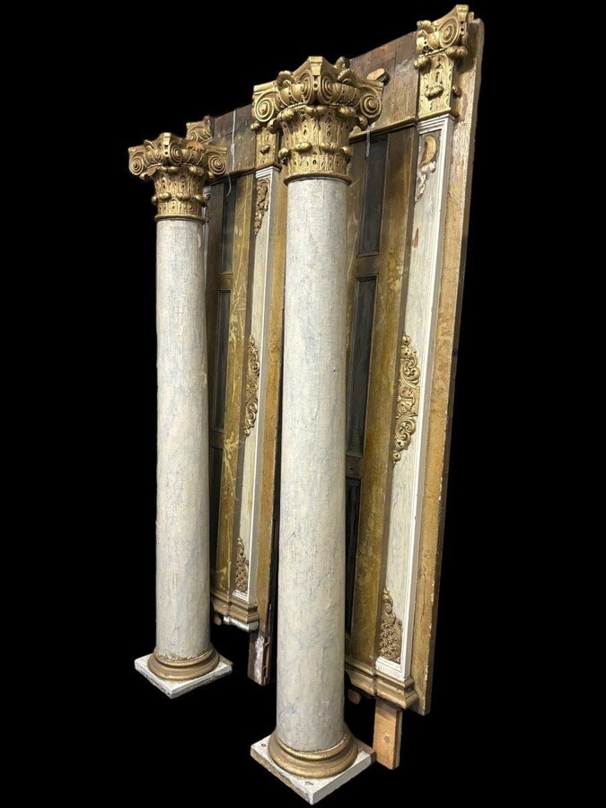 Pair of large columns / panelling with Corinthian capitals in wood 18thC. Highly decorative antique elements representing a large wooden column with capital, panel behind. Both in good condition with usual signs of use / defects