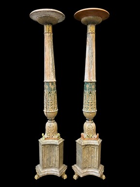 Pair of large uprights / oil burners in wood époque Empire Used to stand in Palazzo for lighting with alabaster coupe at top for fuel Very nice uprights with some old restorations and beautiful weathered patina standing on a faux marble wood plinth 