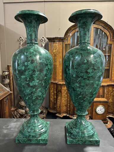 Pair of large vases painted with imitation malachite 20th century. Very decorative wooden vases in the Empire style painted in imitation Malachite. Dimensions of the vases :  Height : 87cm Width : 29 cm Foot : 22 X 22 cm