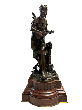 Pretty sculpture ‘ young fairy with guitar ’ in bronze early 20th century. Finely detailed bronze sculpture standing on a marble plinth. Sculpture is in very good condition and signed by Bouret. 