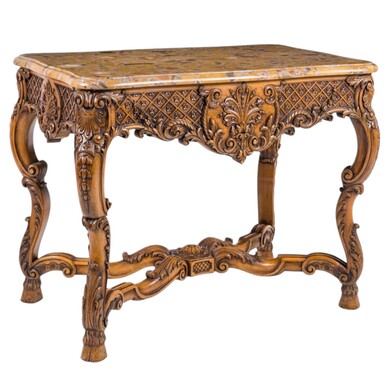 Richly carved wooden centre table with marble top Circa 1920 Attractive oak central table /console topped with Breche d'Alep marble Dimensions: Height: 80 cm.  Width : 100 cm.  Depth : 60 cm. In very good condition