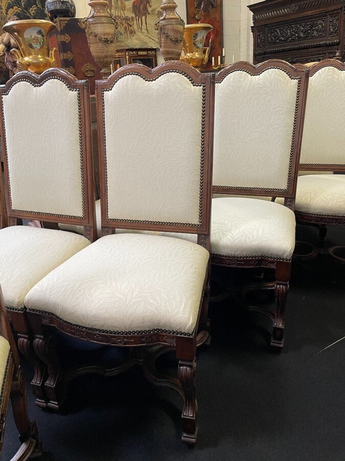 Set of 10 chairs style Régence in walnut 1900 Beautiful set of 8 chairs + 2 armchairs in walnut with fabric upholstery. Height : 107 ( 8x ) / 114 ( 2x ) Width : 52 / 62 cm Depth : 50 / 55 cm The set in good condition and from around 1900-1920