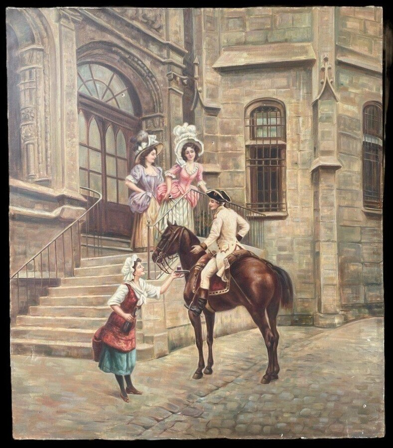 Set of 3 decorative paintings ‘nobles’ oil on canvas +-1920 Depicting nobles in town, in a park and hunting The 3 paintings are oil on canvas, dating from around 1920 