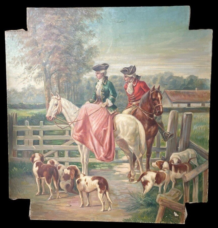 Set of 3 decorative paintings ‘nobles’ oil on canvas +-1920 Depicting nobles in town, in a park and hunting The 3 paintings are oil on canvas, dating from around 1920 