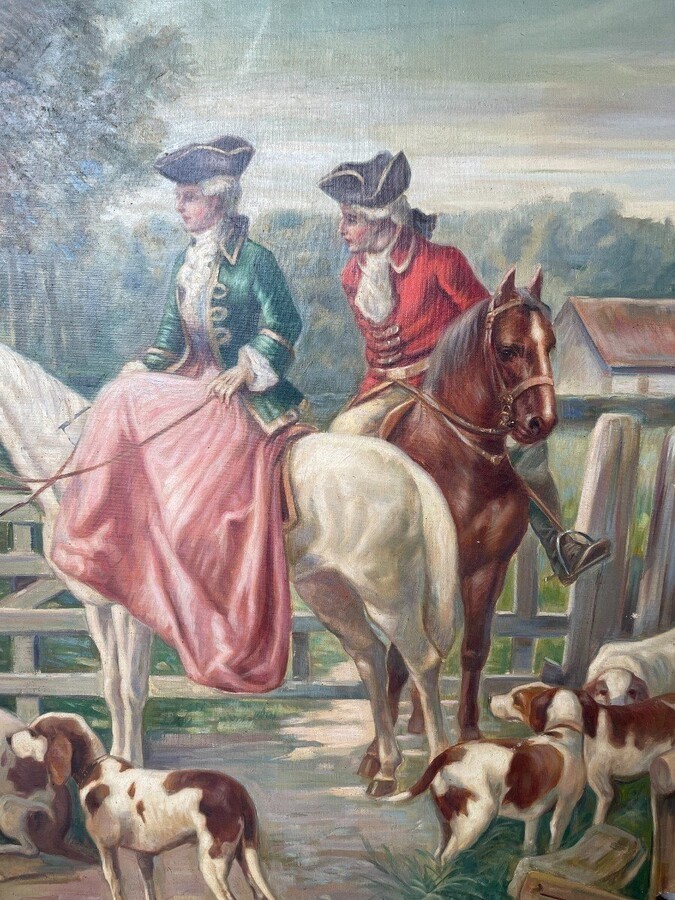 Set of 3 decorative paintings ‘nobles’ oil on canvas +-1920 Depicting nobles in town, in a park and hunting The 3 paintings are oil on canvas, dating from around 1920 