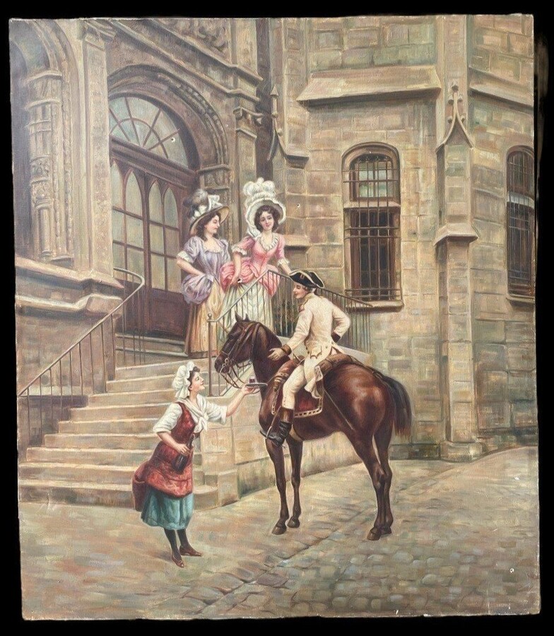 Set of 3 decorative paintings ‘nobles’ oil on canvas +-1920 Depicting nobles in town, in a park and hunting The 3 paintings are oil on canvas, dating from around 1920 