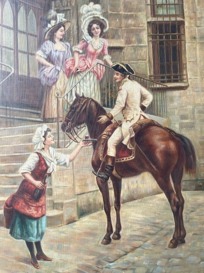 Set of 3 decorative paintings ‘nobles’ oil on canvas +-1920 Depicting nobles in town, in a park and hunting The 3 paintings are oil on canvas, dating from around 1920 