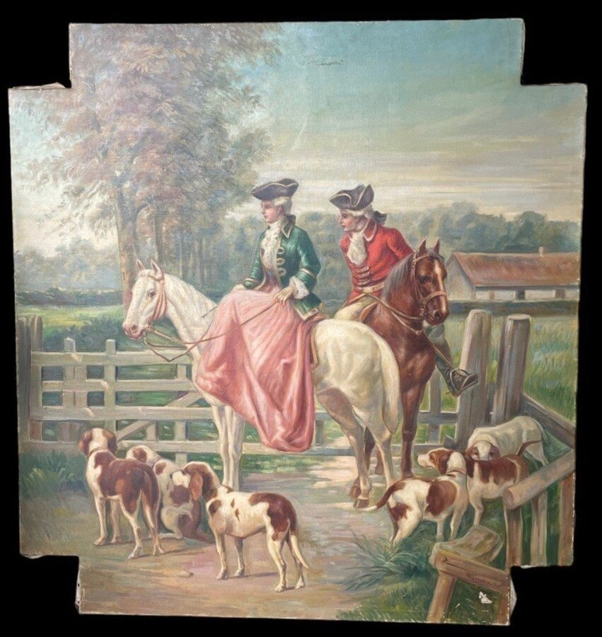 Set of 3 decorative paintings ‘nobles’ oil on canvas +-1920 Depicting nobles in town, in a park and hunting The 3 paintings are oil on canvas, dating from around 1920 