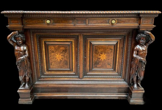 Special cabinet with 2 large sculptures in walnut 19th century. Beautiful cabinet with a distinct shape ( corner ) fitted with 2 doors and 2 drawers , 2 finely carved sculptures and inlaid marquetry in the doors. Locks in the drawers are missing.