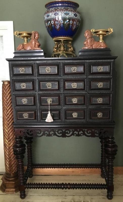 Speciale Portuguese cabinet ,18th Century.Walnut / ebony. Furniture consists of 2 parts with 10 drawers. Width: 1.16 Height: 1.57 Depth: 0.54