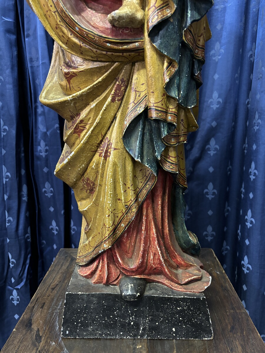 Wooden polychromed sculpture Madonna with child 19th century ( 87 cm ) Beautiful wooden sculpture from around 1880 in very good condition. Dimensions : Height : 88 cm Width : 32 cm Depth : 22 cm Base : 26 x 21 cm