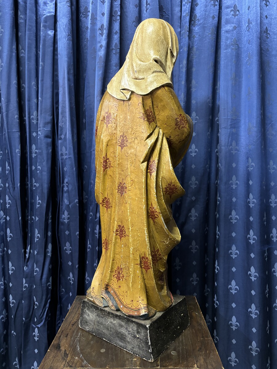 Wooden polychromed sculpture Madonna with child 19th century ( 87 cm ) Beautiful wooden sculpture from around 1880 in very good condition. Dimensions : Height : 88 cm Width : 32 cm Depth : 22 cm Base : 26 x 21 cm