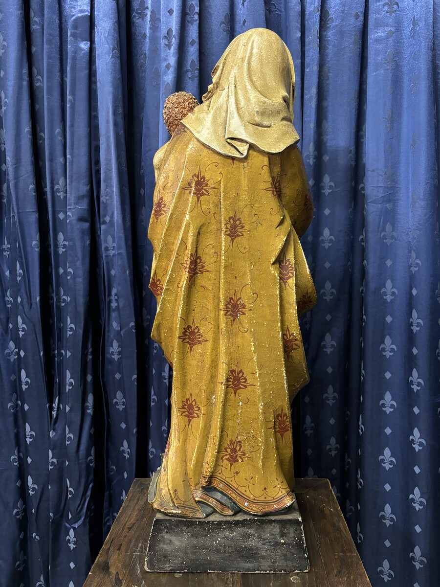 Wooden polychromed sculpture Madonna with child 19th century ( 87 cm ) Beautiful wooden sculpture from around 1880 in very good condition. Dimensions : Height : 88 cm Width : 32 cm Depth : 22 cm Base : 26 x 21 cm